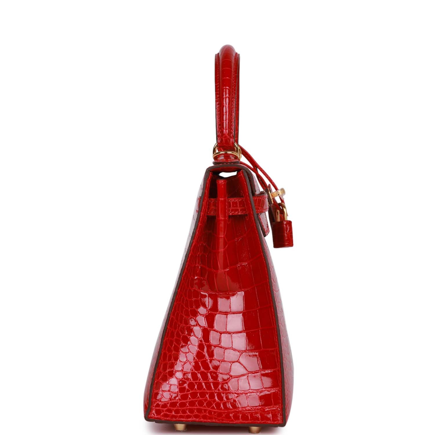 Hermès Kelly Sellier 25 Braise Shiny Porosus Crocodile Gold Hardware