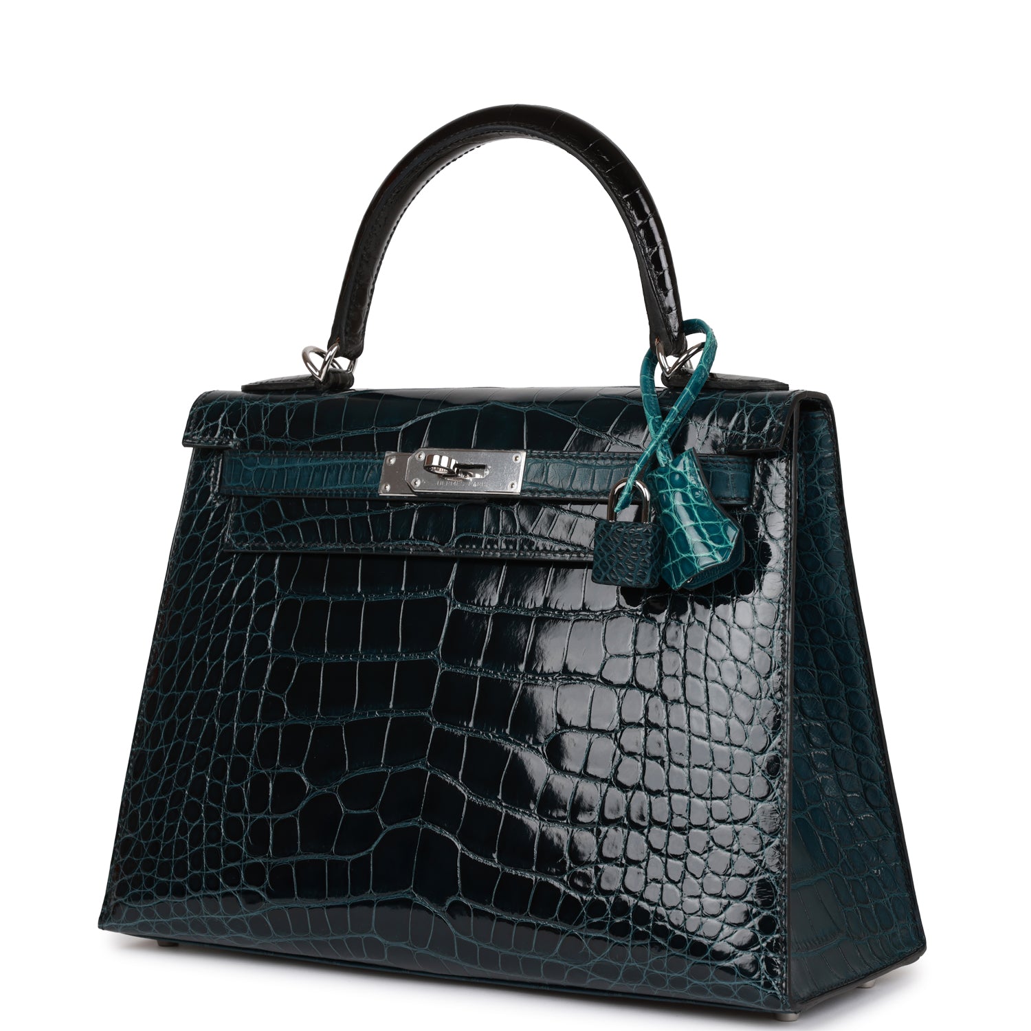 Hermès Kelly Sellier 28 Tri-color Black. Vert Rousseau and Vert Bosphore Shiny and Matte Alligator Palladium Hardware