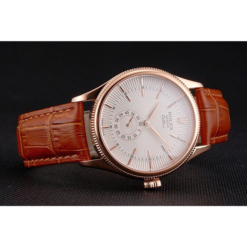 Swiss Rolex Cellini White Dial Rose Gold Case Light Brown Leather Strap