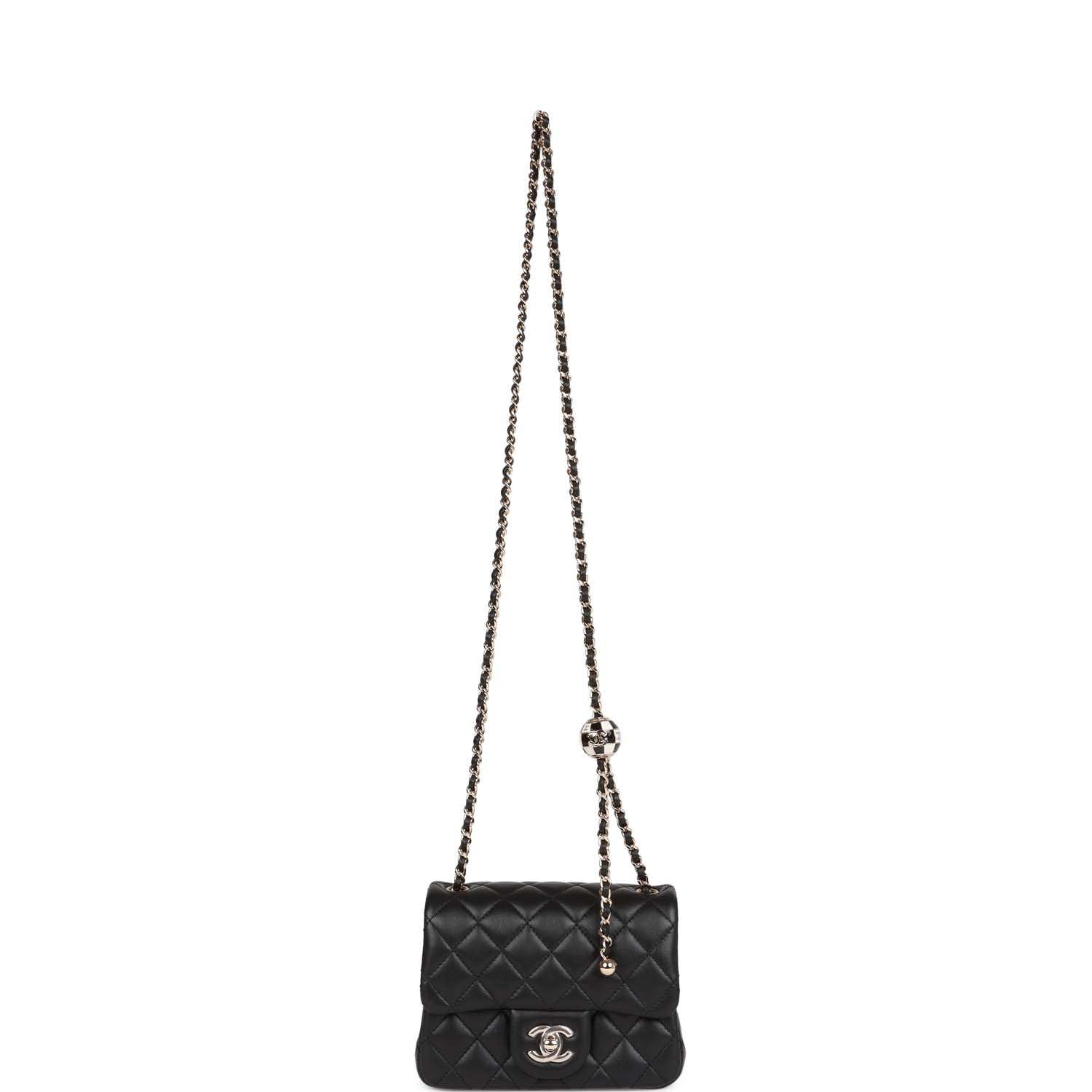 Pearl Crush Mini Square Flap Bag Black Lambskin Light Gold Hardware