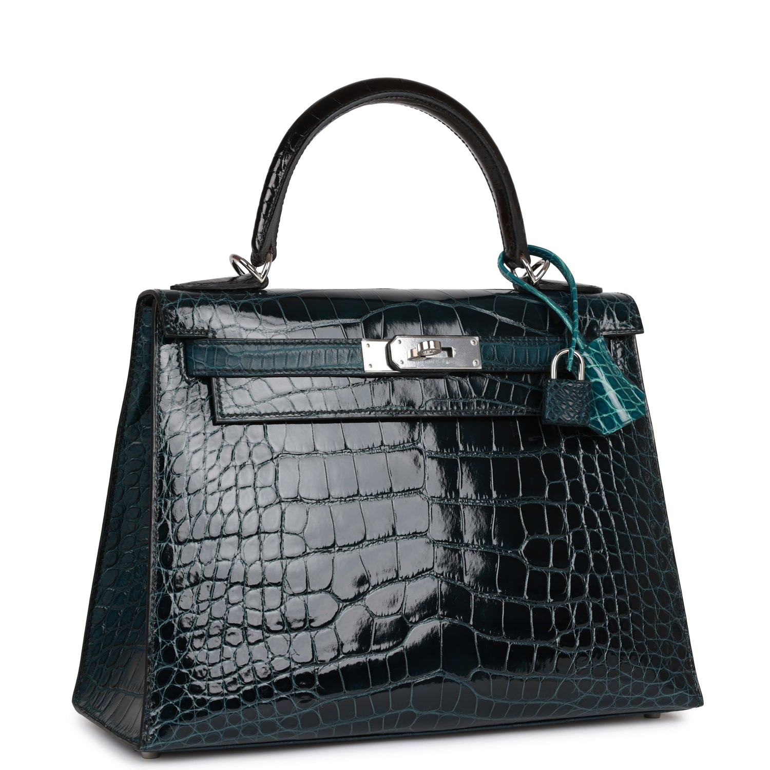 Hermès Kelly Sellier 28 Tri-color Black. Vert Rousseau and Vert Bosphore Shiny and Matte Alligator Palladium Hardware