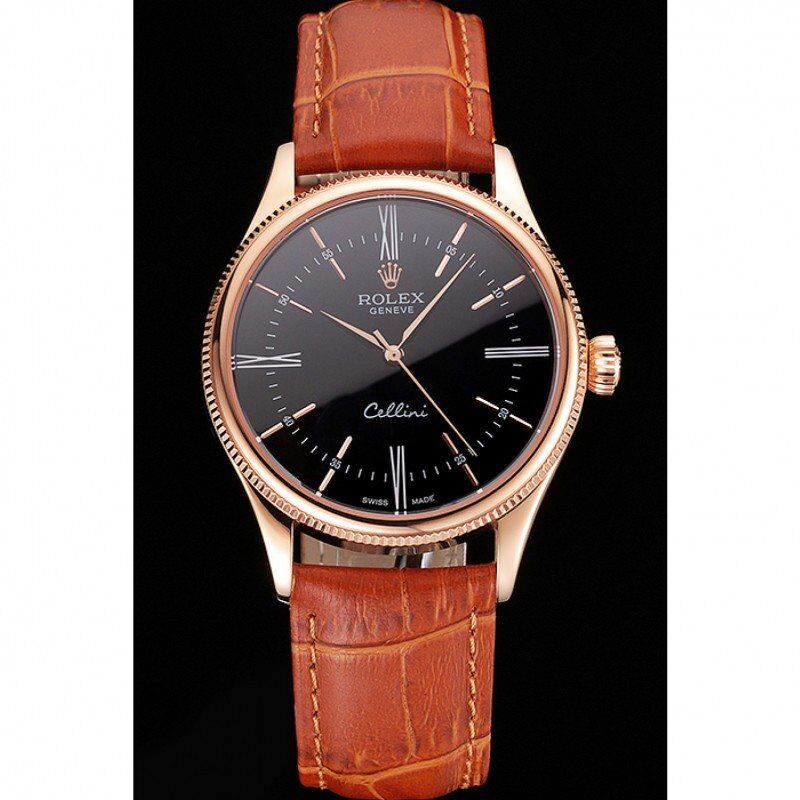 Swiss Rolex Cellini Black Dial Roman Numerals Rose Gold Case Light Brown Leather Strap