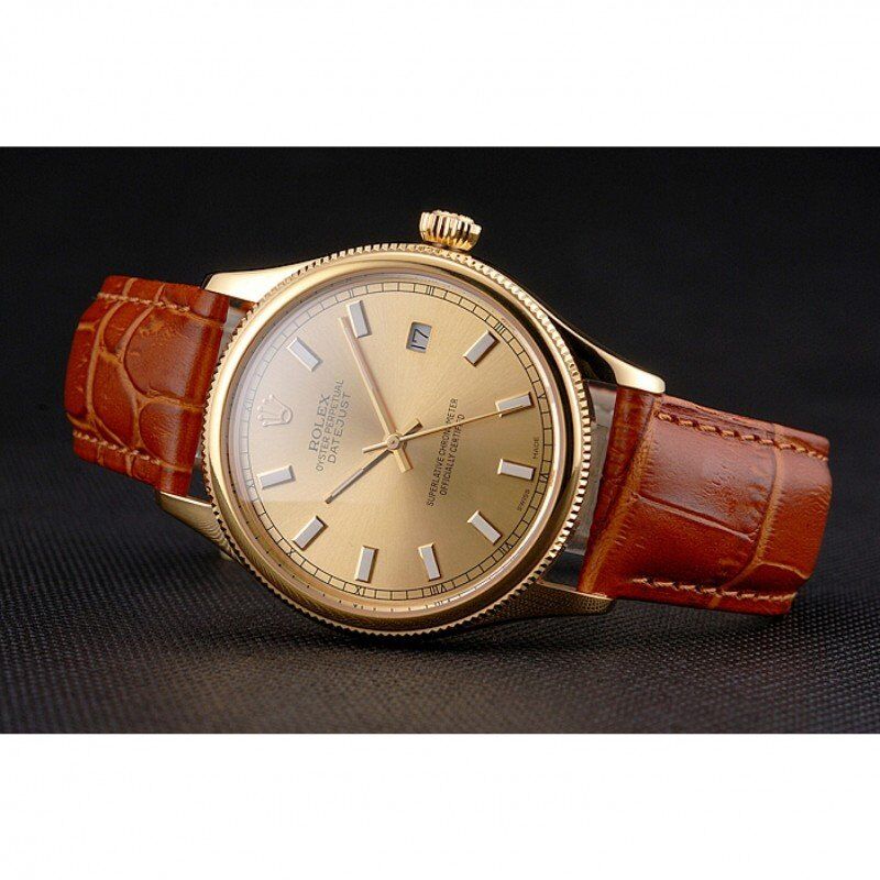 Rolex Datejust Gold Dial Gold Case Light Brown Leather Strap