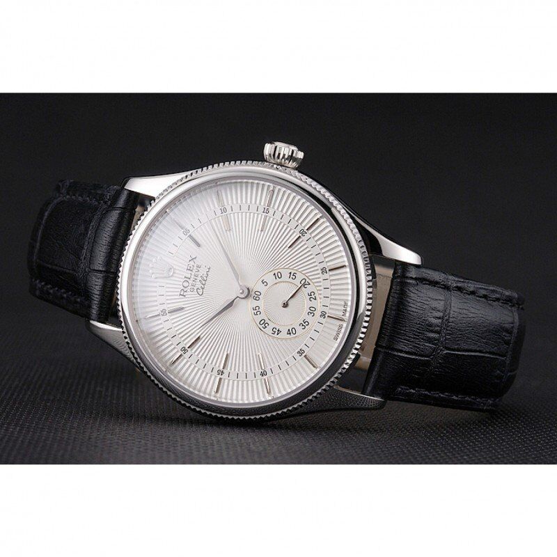 Swiss Rolex Cellini White Dial Stainless Steel Case Black Leather Strap