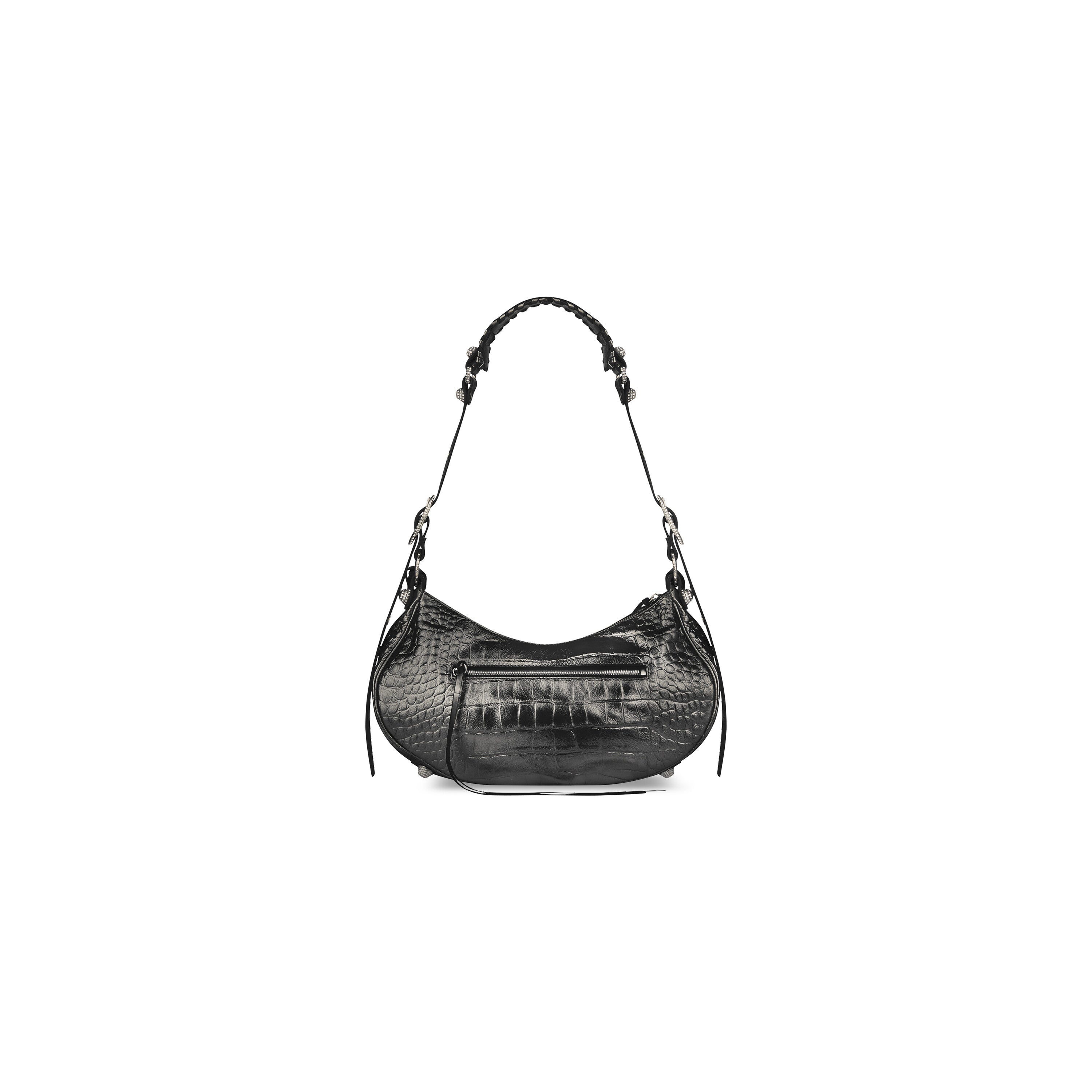 WOMEN'S LE CAGOLE SMALL SHOULDER BAG METALLIZED CROCODILE EMBOSSED WITH RHINESTONES IN GREY