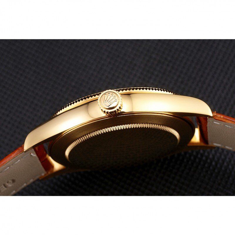 Swiss Rolex Cellini Gold Dial Gold Case Light Brown Leather Strap