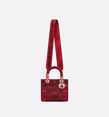 MEDIUM LADY D-LITE BAG Red and Black Ornamental Cornely-Effect Embroidery