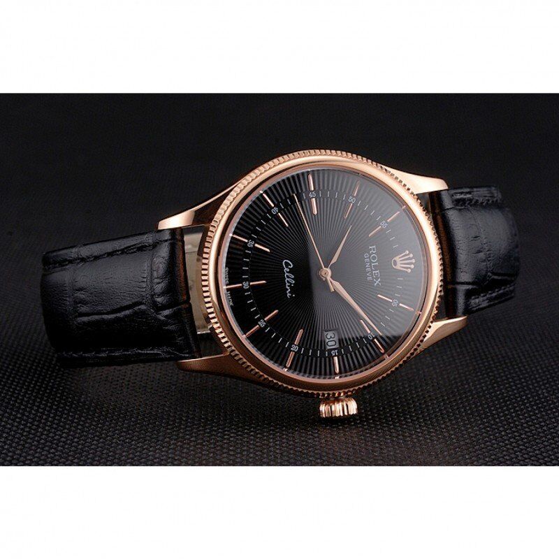 Swiss Rolex Cellini Date Black Dial Rose Gold Markings Rose Gold Case Black Leather Strap