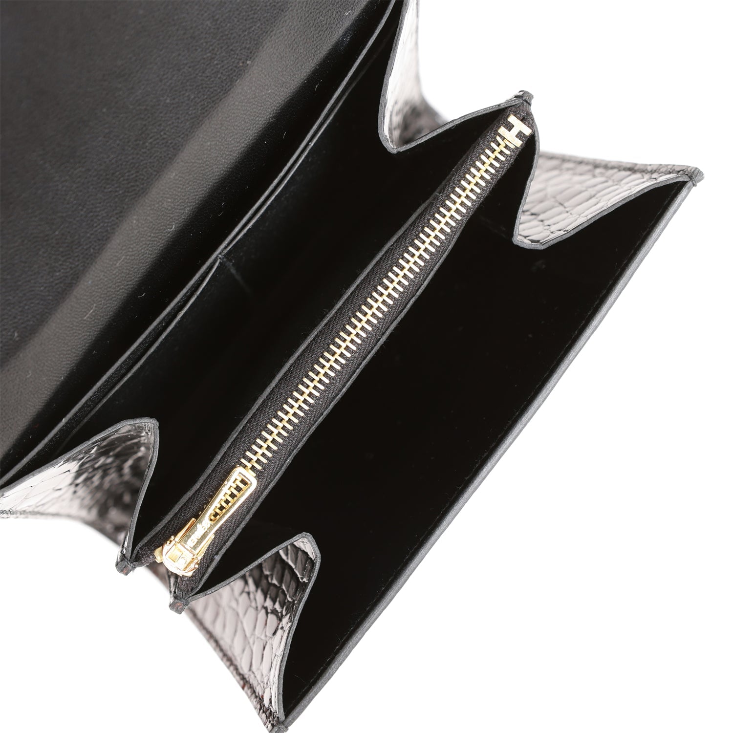 Hermès Constance Compact Wallet Black Shiny Alligator Rose Gold Hardware