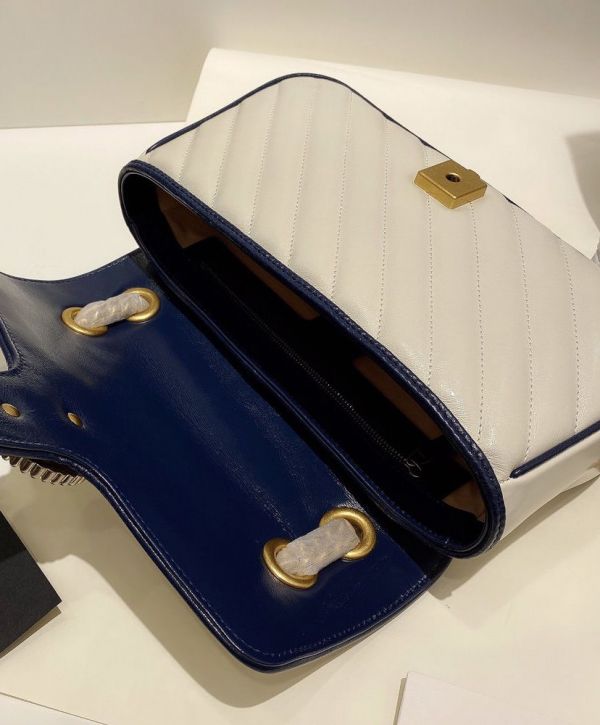 Gucci GG Marmont White Striped Quilted Leather Navy Trimming Brass Buckle & Shoulder Strap Women Cheapest Small Flap Crossbody Bag