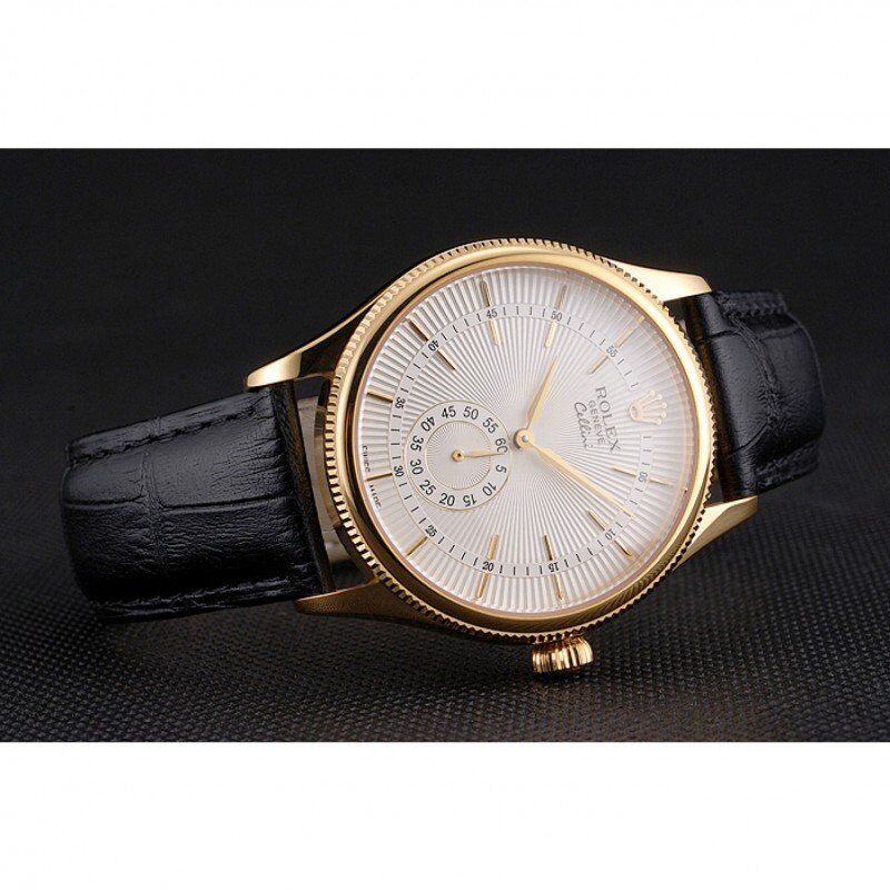 Swiss Rolex Cellini White Dial Gold Case Black Leather Strap
