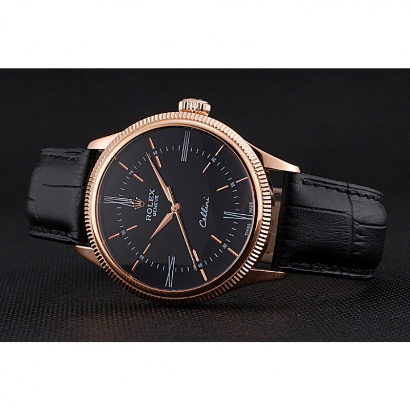Swiss Rolex Cellini Time Rose Gold Case Black Dial Black Leather Bracelet 622656