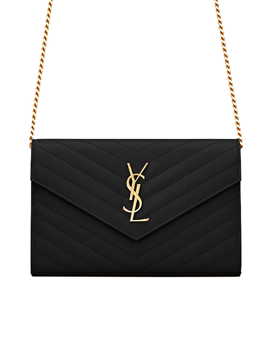 YSL Cassandre YSL Matelass Chain Wallet in Grain de Poudre Embossed Leather