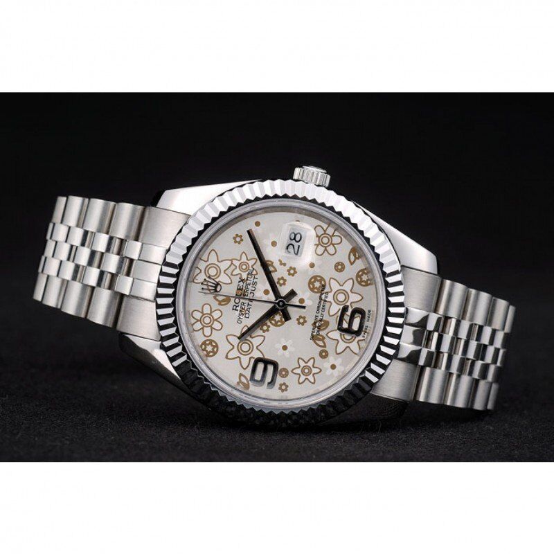 Swiss Rolex DateJust Stainless Steel Ribbed Bezel Flower Silver Dial 42001