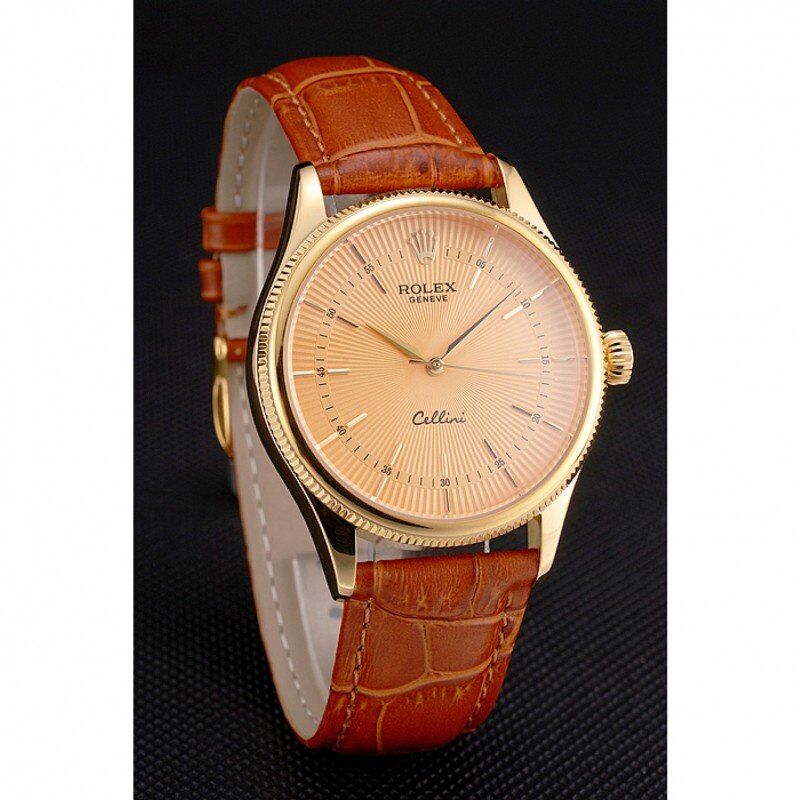 Swiss Rolex Cellini Gold Dial And Markings Gold Case Light Brown Leather Strap