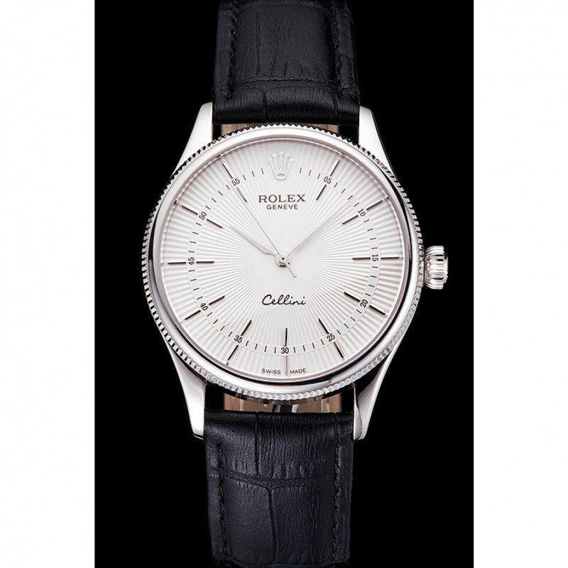 Swiss Rolex Cellini White Guilloche Dial Stainless Steel Case Black Leather Strap