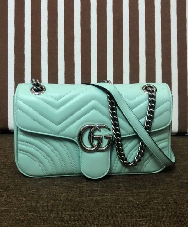 Gucci GG Marmont Small Tiffany Green Quilted Leather Silver GG Logo Buckle Female Flap Chain Shoulder Bag 2022 Price