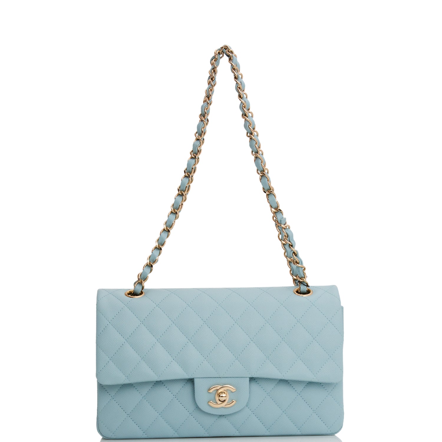 Medium Classic Double Flap Bag Blue Quilted Caviar Light Gold Hardware