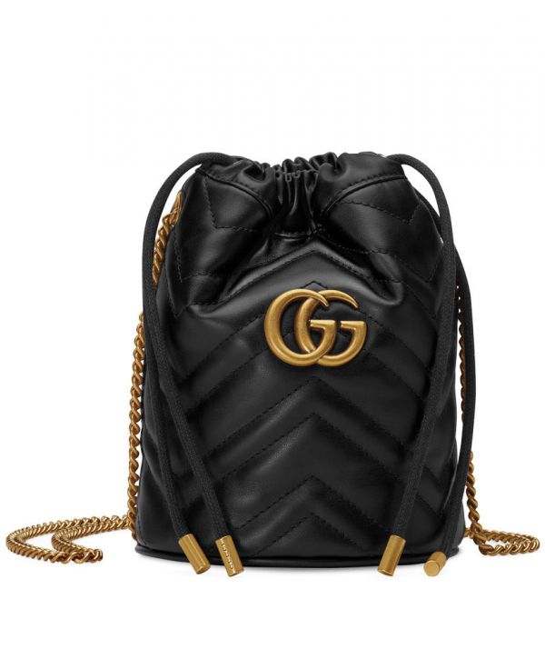 Gucci GG Marmont Wave Design Drawstring Closure Brass Chain Strap Black Matelassel Leather Mini Buckle Bag For Ladies 575163