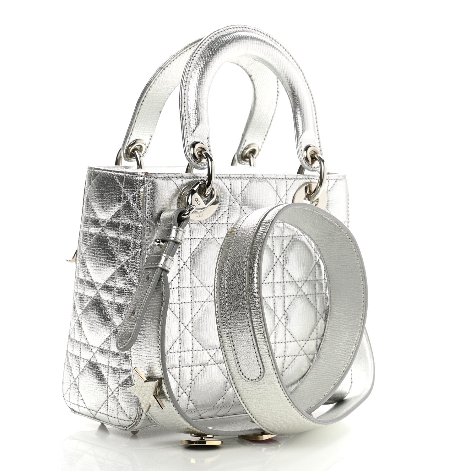 CHRISTIAN DIOR Metallic Grained Calfskin Cannage Small My Lady Dior Silver