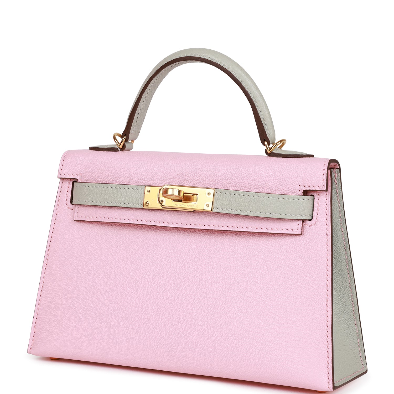 Hermès Special Order (HSS) Kelly Sellier 20 Rose Sakura and Gris Perle Chevre Gold Hardware