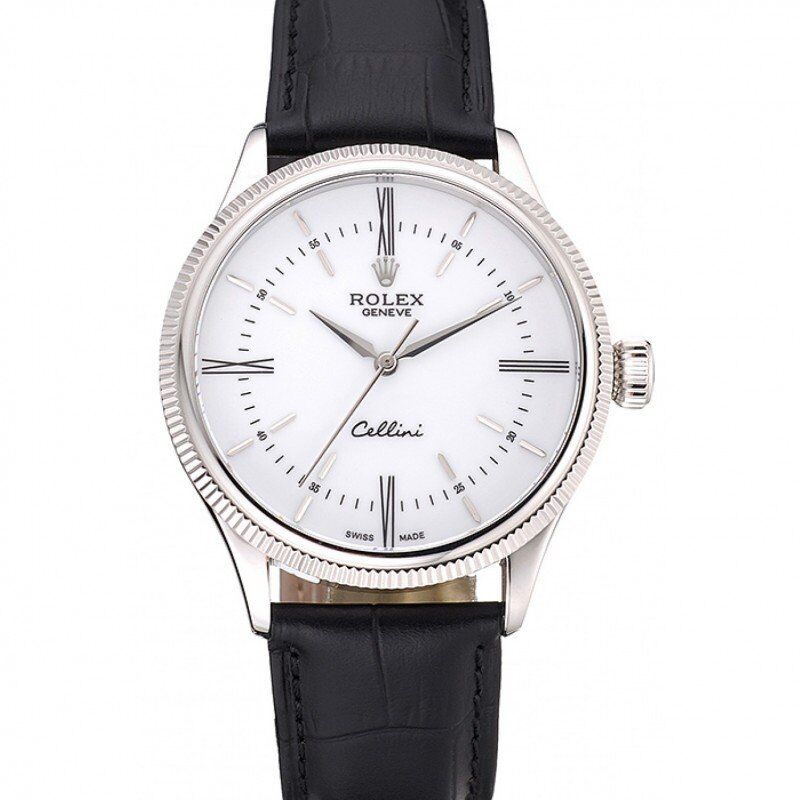 Swiss Rolex Cellini Time Silver Case White Dial Black Leather Bracelet 622653
