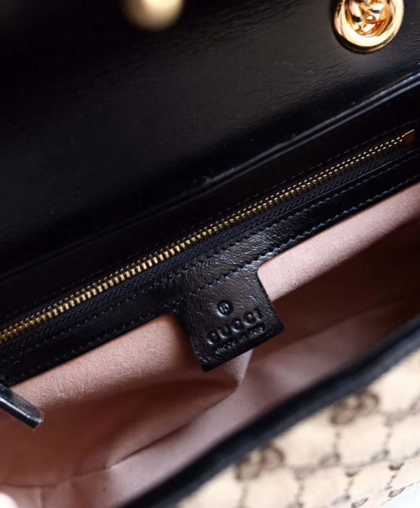 Gucci GG Marmont Logo Pattern Double G Magnetic Buckle Apricot Canvas & Black Leather Female Shiny Golden Chain Handbag 443497 HVKEG 9772