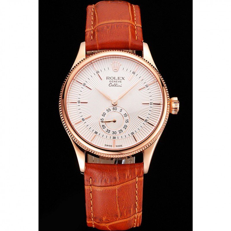 Swiss Rolex Cellini White Dial Rose Gold Case Light Brown Leather Strap