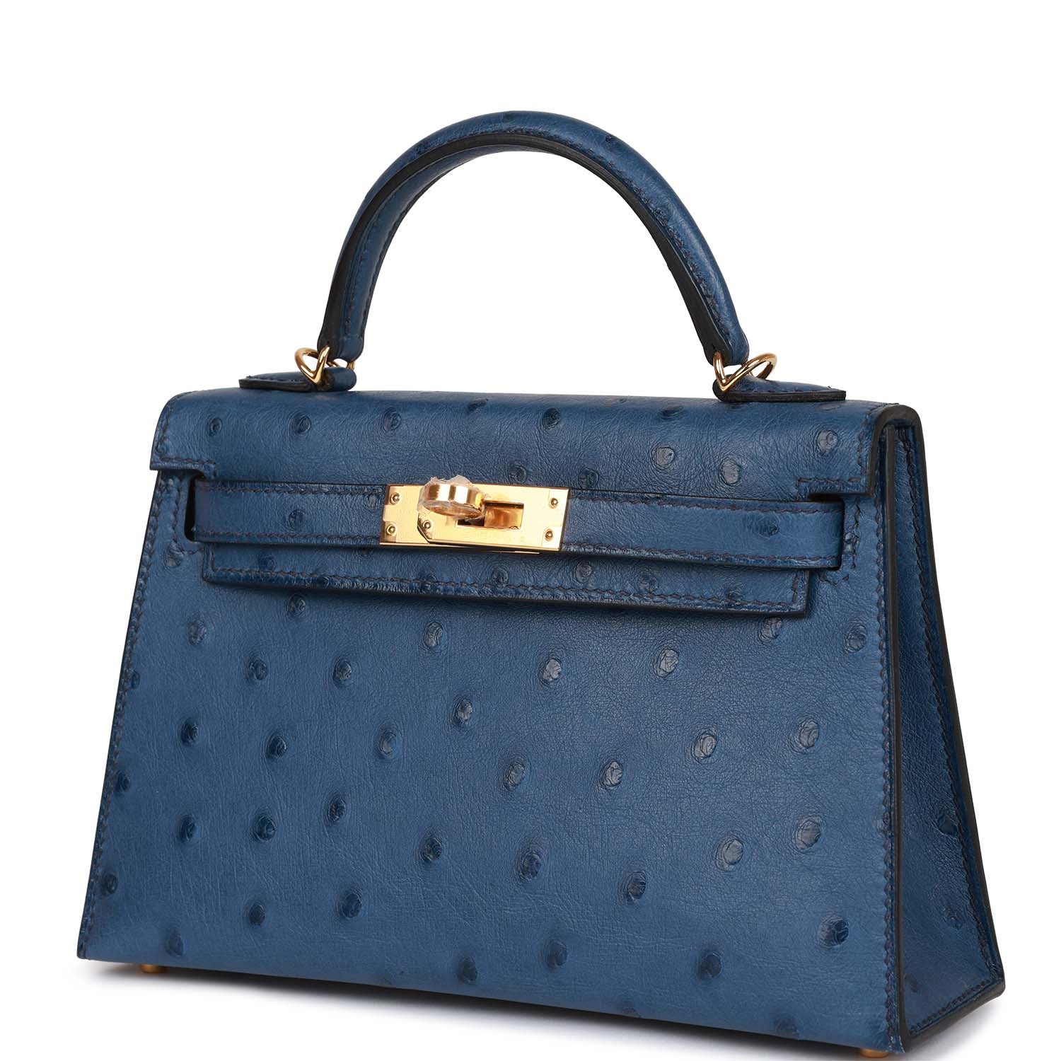 Hermès Kelly Sellier 20 Bleu Iris Ostrich Gold Hardware