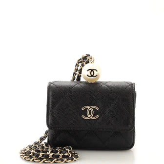 Chanel CC Pearl Coin Card Holder with Chain Quilted Caviar