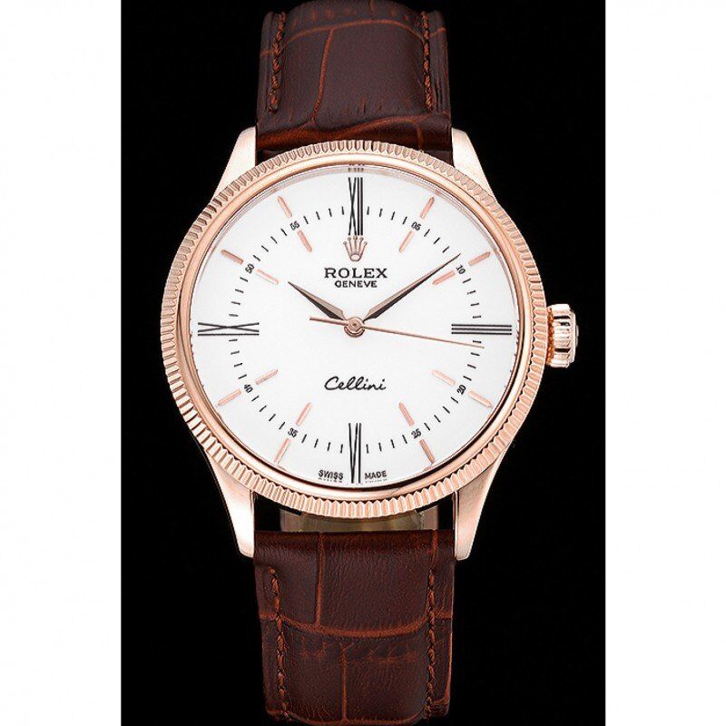 Swiss Rolex Cellini Time Gold Case White Dial Brown Leather Bracelet 622655