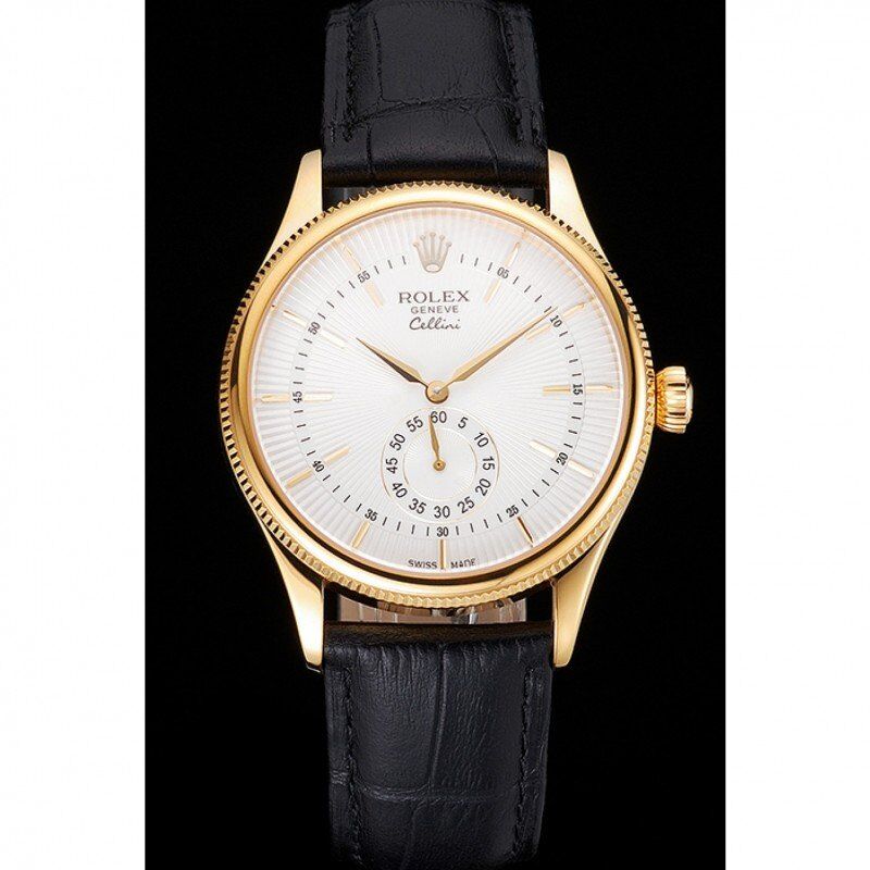 Swiss Rolex Cellini White Dial Gold Case Black Leather Strap