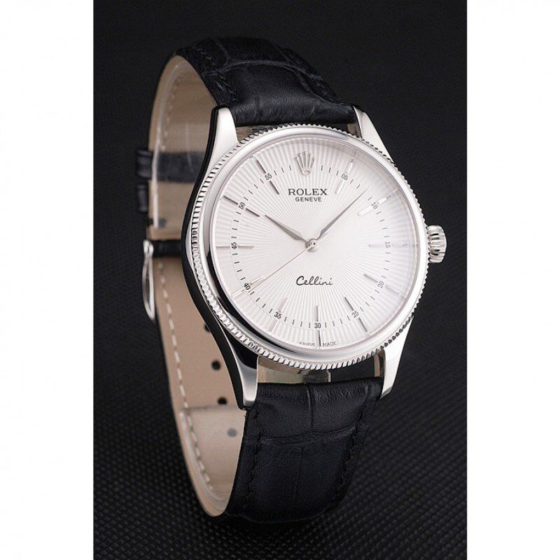 Swiss Rolex Cellini White Guilloche Dial Stainless Steel Case Black Leather Strap
