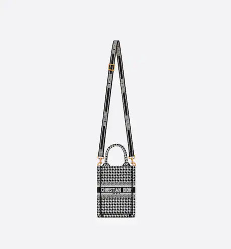 MINI DIOR BOOK TOTE PHONE BAG Black and White Micro Houndstooth Embroidery (13 x 18 x 5 cm)