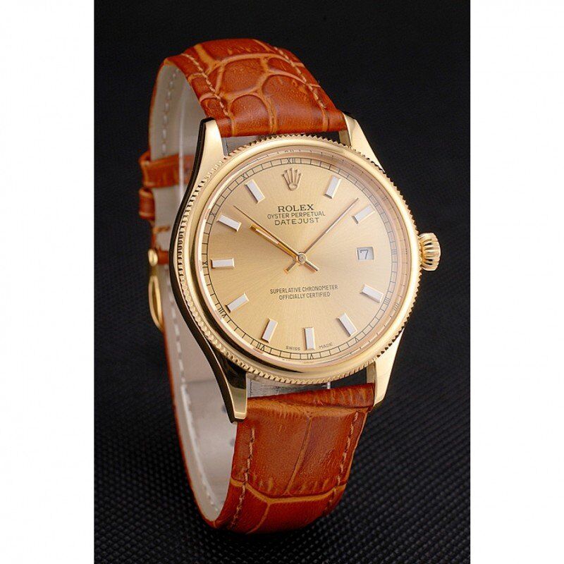 Rolex Datejust Gold Dial Gold Case Light Brown Leather Strap
