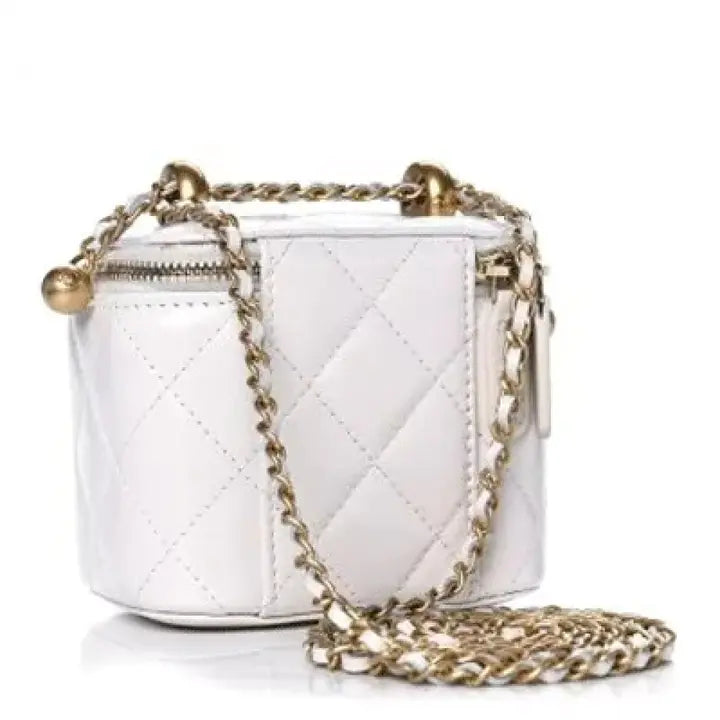 Calfskin Quilted Mini Perfect Fit Vanity Case With Chain White