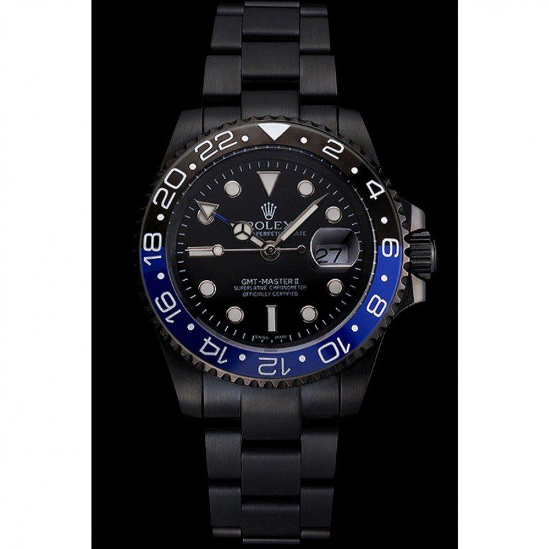 Swiss Rolex GMT Master II Black Dial Blue And Black Bezel Black PVD Case And Bracelet PR18239