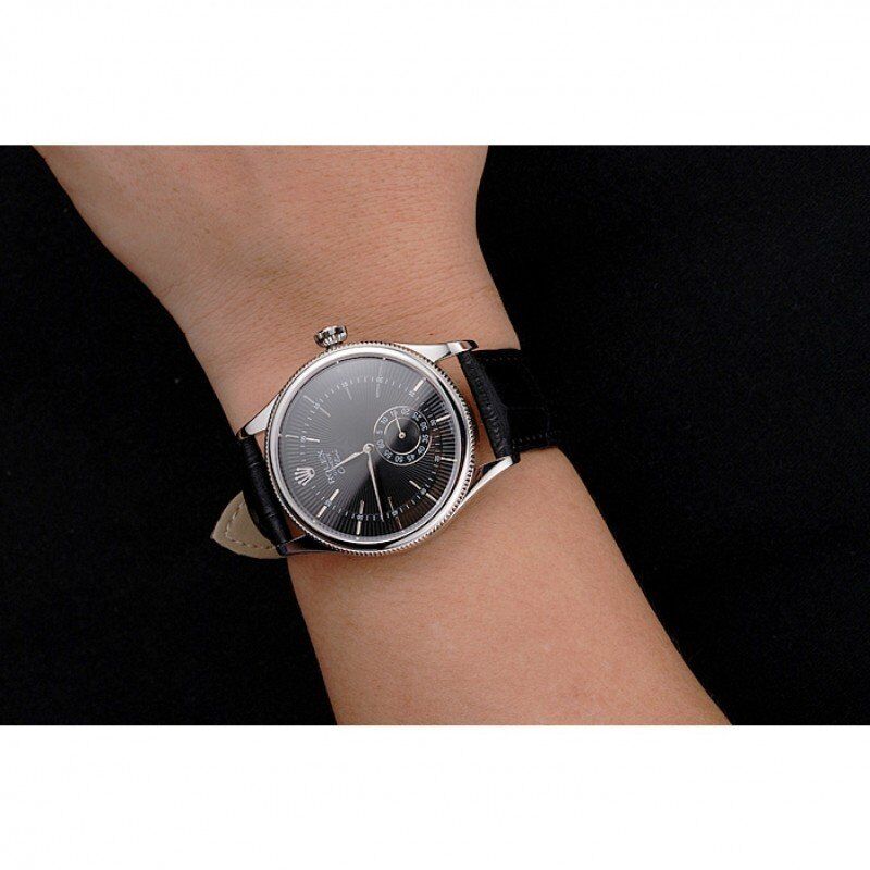 Swiss Rolex Cellini Black Dial Stainless Steel Case Black Leather Strap