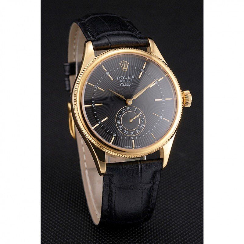 Swiss Rolex Cellini Black Dial Gold Case Black Leather Strap