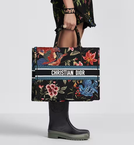 LARGE DIOR BOOK TOTE Black Multicolor Dior Birds Embroidery (42 x 35 x 18.5 cm)