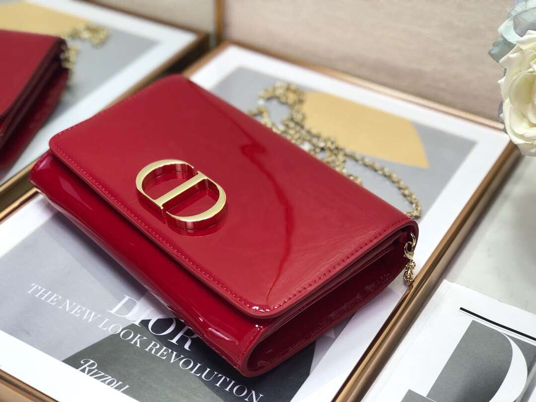 Dior 30 Montaigne Wallet On Chain In Red Patent Calfskin