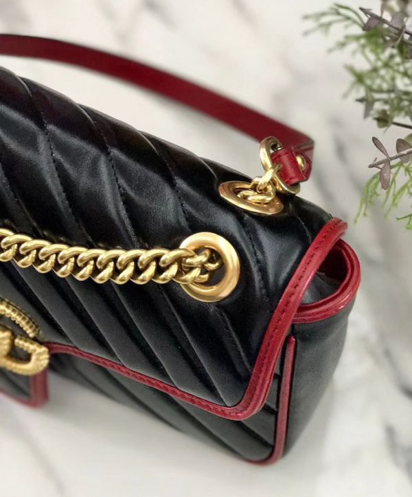 Gucci GG Marmont Red Trimming Twisted Brass Logo Buckle Chain Strap Women Diagonal Design Fashion Black Matelasse Leather Flap Bag