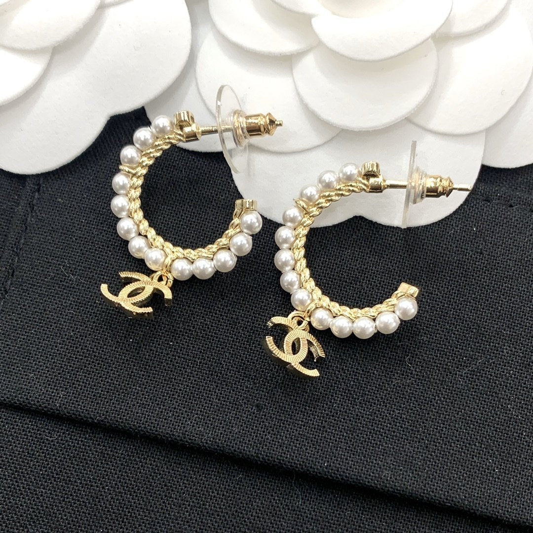 Elegant Pearl Double C Pendant Earrings