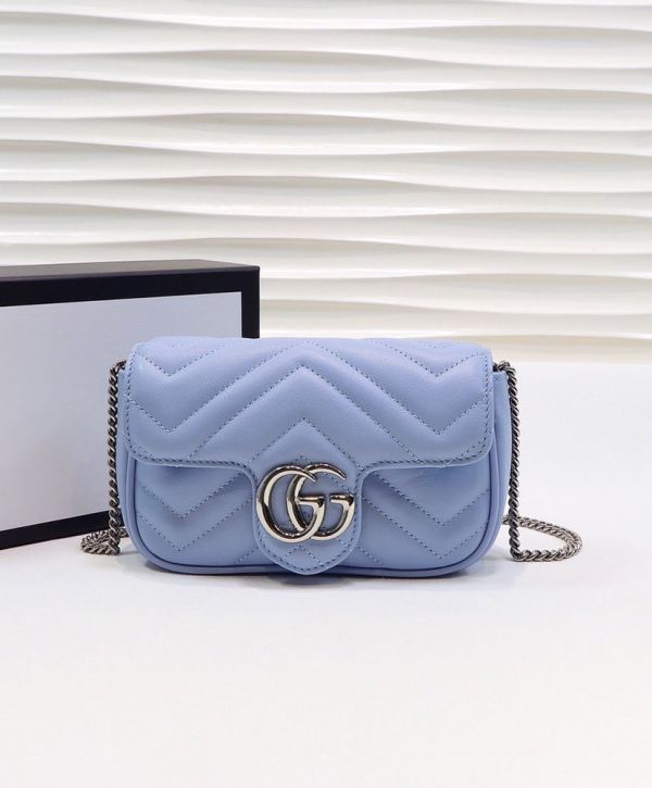 Gucci GG Marmont Silver Logo Magnetic Buckle Light Blue Super Mini Chain Bag Women Fashion Chevron Design Crossbody Bag