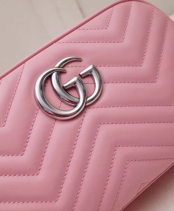 Gucci GG Marmont Silver Logo Signature Zipper Closure Chevron Design Women Fashion Small Red Quilted Leather Crossbody Bag