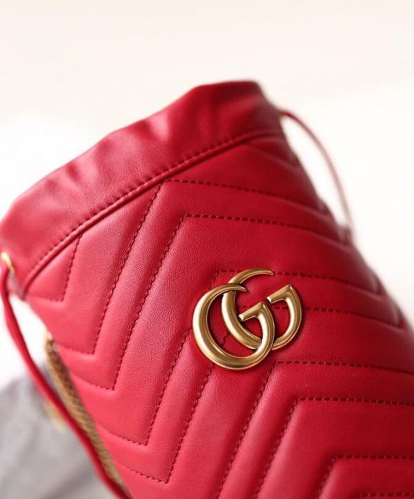 Gucci GG Marmont Double G Decoration Back Heart Detail Brass Strap Women Red Matelasse Chevron Leather Mini Buckle Bag