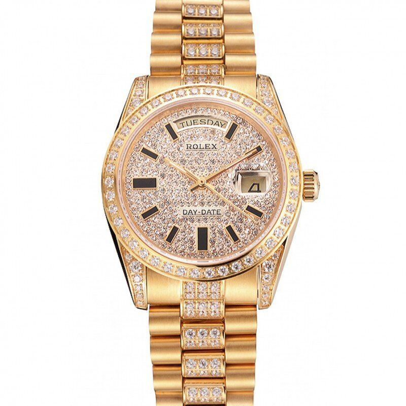Swiss Rolex Day-Date Yellow Gold Diamond Pave