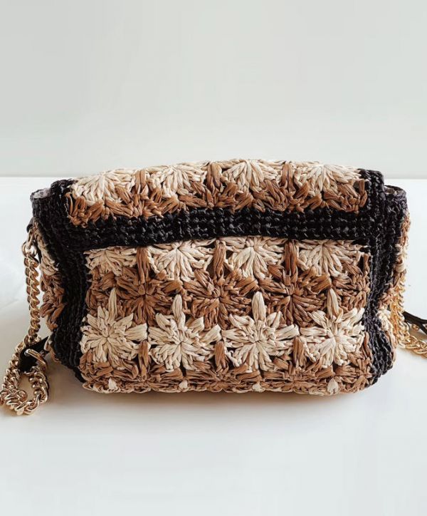Gucci GG Marmont Crochet Flower Pattern Gold Logo Buckle Women Beige & Camel Viscose Raffia Flap Crossbody Bag