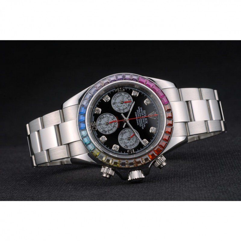 Rolex Daytona Cosmograph Rainbow Crystals Bezel Stainless Steep Strap Black Dial 80250 FREE SHIPPING