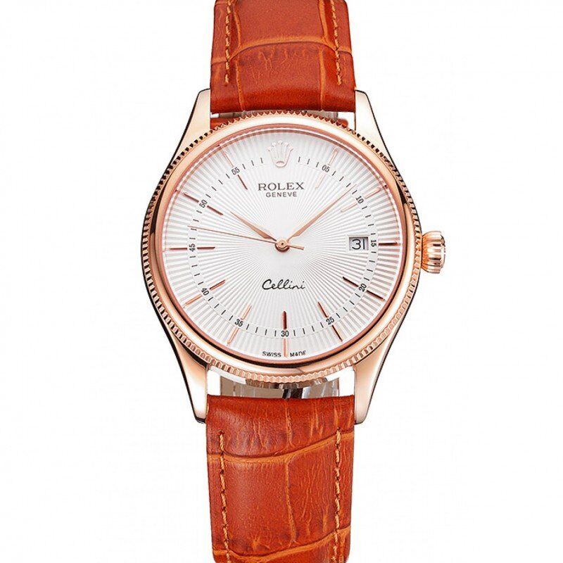 Swiss Rolex Cellini Date White Dial Rose Gold Case Brown Leather Strap